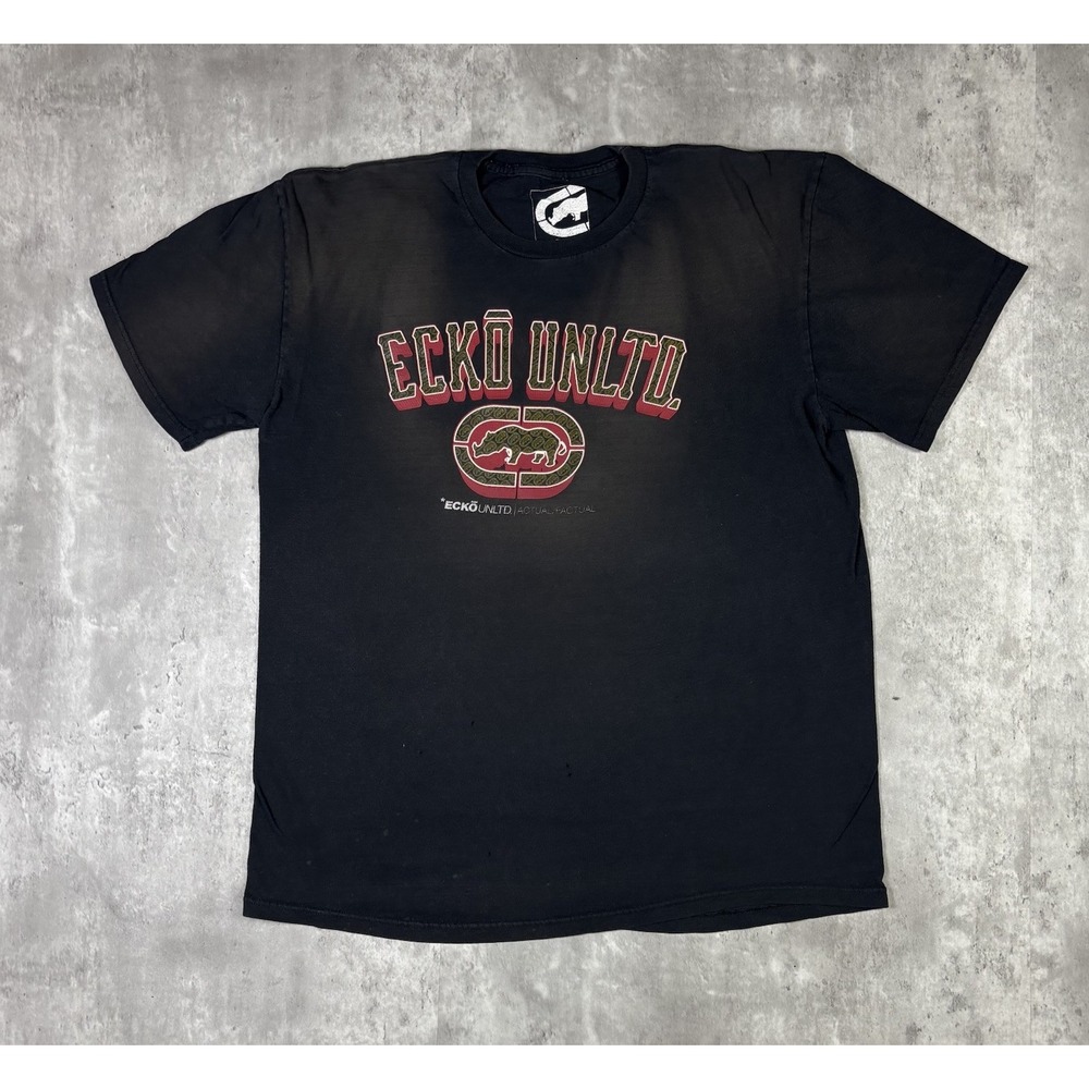 Ecko Unltd T Shirt Black Sun Faded Distressed Y2K Graphic Rhino Mens Large